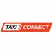 Logo van Taxi Connect in rood en wit met schuin design en blokpatroon.