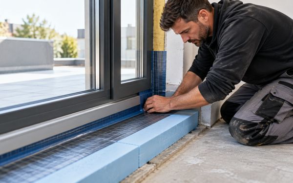 Ein Handwerker dichtet den Bodenanschluss eines bodentiefen Fensters mit Abdichtungsband ab, um das Eindringen von Feuchtigkeit zu verhindern.