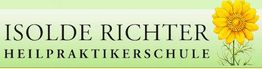 Text "Isolde Richter Heilpraktikerschule" auf grünem Hintergrund mit gelber Blume rechts.
