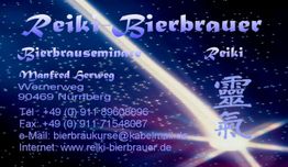 Visitenkarte mit Informationen zu Bierbrauseminaren und Reiki, blauer Hintergrund mit Sternen.
