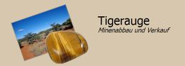Tiger's eye stone with a landscape photo, labeled "Tigerauge Minenabbau und Verkauf."