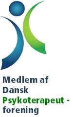 Logo for medlem af Dansk Psykoterapeutforening med blå og grøn menneskefigur.