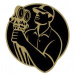 Illustration of a person holding a vintage film camera, in black and gold colors.