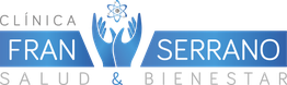 Logo de Clínica Fran Serrano con manos y símbolo médico. Texto: "Salud & Bienestar".
