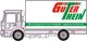 LKW mit "Güter Hein" Logo und Webseite auf Planenaufbau, Slogan darunter.