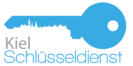 Blauer Schlüssel mit Skyline und Text "Kiel Schlüsseldienst".