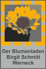 Gelbes Blumenlogo mit Text: "Der Blumenladen, Birgit Schmitt, Werneck" auf grauem Hintergrund.