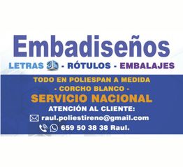 Texto publicitario de Embadiseños sobre letras, rótulos y embalajes con contacto de atención.