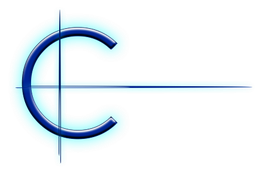 Letra "C" azul con líneas brillantes alrededor en un fondo blanco.