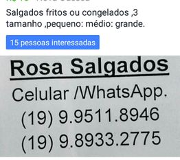 Anúncio de salgados fritos ou congelados com tamanhos variados e contatos por WhatsApp.
