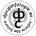 Symbol mit Kreis und "dpc@infologie.eu", umgeben von Text "from the future".