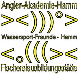 Logo der Angler-Akademie Hamm mit Symbolen und Text zu Wassersport und Fischereiausbildung.