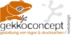 Logo mit orangefarbenem Gecko, Text: "gekkoconcept, Gestaltung von Logos & Drucksachen / Webdesign".