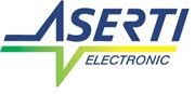 Logo mit blauem Text "ASERTI" und grün-gelbem Schriftzug "ELECTRONIC" darunter.
