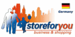 Logo mit Skyline, Familie mit Taschen und deutscher Flagge; Text: "storeforyou business & shopping".