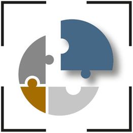 Kreis aus vier Puzzleteilen in Blau, Grau und Braun, umrahmt von einem schwarzen Rechteck.