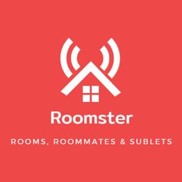 Roomster logo with a house design and text: "Rooms, Roommates & Sublets" on a red background.