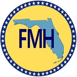 Yellow circle with blue Florida outline, "FMH" text, and star border.