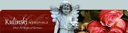 Angel statue beside roses, with "Kulinski Memorials, Over 50 Years of Service" text.