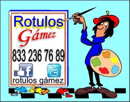 Caricatura de artista pintando un cartel que dice "Rótulos Gámez" con información de contacto.