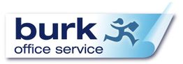 Logo mit Schriftzug "burk office service" und Figur, die ein Buch hält.