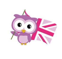 Búho morado con bandera del Reino Unido.