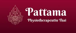 Logo mit Text "Pattama Physiotherapeutin Thai" auf rotem Hintergrund, dekoratives Muster links.