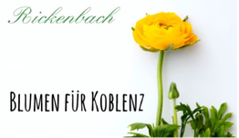 Gelbe Blume mit Text "Rickenbach" und "Blumen für Koblenz" auf weißem Hintergrund.