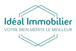 Logo "Idéal Immobilier" avec le slogan "Votre bien mérite le meilleur" en bleu et hexagone stylisé.