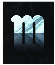 Stylized letter "m" with marble texture on black background, mirrored below.