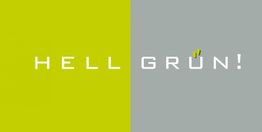 Zweifarbiger Hintergrund mit Text "HELL GRÜN!" und betontem Ü durch zwei gelbe Akzente.