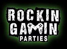 Rockin' Gamin' Parties logo with a game controller icon on a black background.