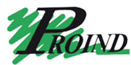 Logotipo con letras negras "PROIND" sobre fondo verde.