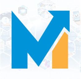 Stylized blue "M" with orange arrow on a tech-themed background.