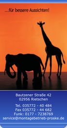 Silhouetten von Elefant und Giraffe vor orangem Hintergrund, mit Kontaktinfos am unteren Rand.