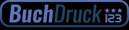 Logo mit der Aufschrift "BuchDruck 123" und drei Sternen, in blauem Farbverlauf auf schwarzem Grund.