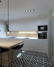 Cocina moderna con isla, lámparas colgantes y suelo de baldosas en blanco y negro.