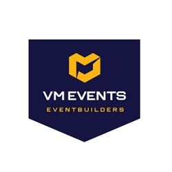 Logo van VM Events met gele letter "M" en tekst "Eventbuilders" op een donkerblauwe achtergrond.