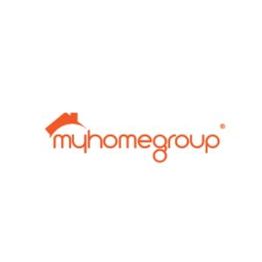 Logo of "myhomegroup" with stylized text and a small house graphic in orange.