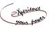 Schriftzug "Experience your power" in elegantem, geschwungenem Schwarz und Rot.