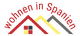 Logo mit Text "wohnen in Spanien" und stilisierten Dächern in Rot, Gelb und Grau.