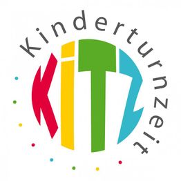 Buntes Logo mit dem Wort "KiTZ" und "Kinderturnzeit" in Grauschrift, umgeben von farbigen Punkten.