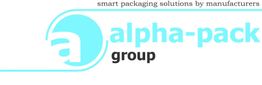 Logo der Alpha-Pack Group mit Text "smart packaging solutions by manufacturers".