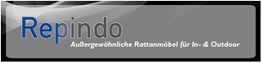 "Repindo-Logo mit Slogan: Außergewöhnliche Rattanmöbel für In- & Outdoor auf grauem Hintergrund."