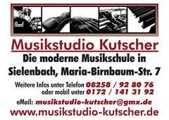 Werbung für Musikstudio Kutscher mit Kontaktinfos in Sielenbach, Maria-Birnbaum-Straße 7.
