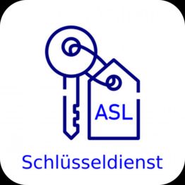 Schlüsseldienst-Logo mit einem Schlüssel und Anhänger, auf dem "ASL" steht.