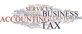 Word cloud featuring "Accounting," "Tax," "Business," and "Services" prominently, with related terms.