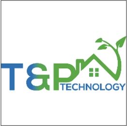 Logo van T&P Technology met huis en bladeren in groene en blauwe kleuren.