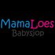 Logo van MamaLoes Babysjop met blauwe en roze letters op een zwarte achtergrond.