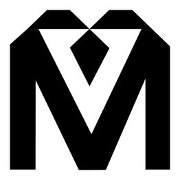 Schwarzes geometrisches M mit integriertem Anzugdesign auf weißem Hintergrund.